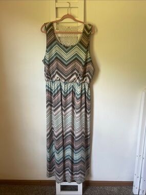 Maurices Chevron Maxi Dress in Green, Pink and Tan with Lace Yoke
